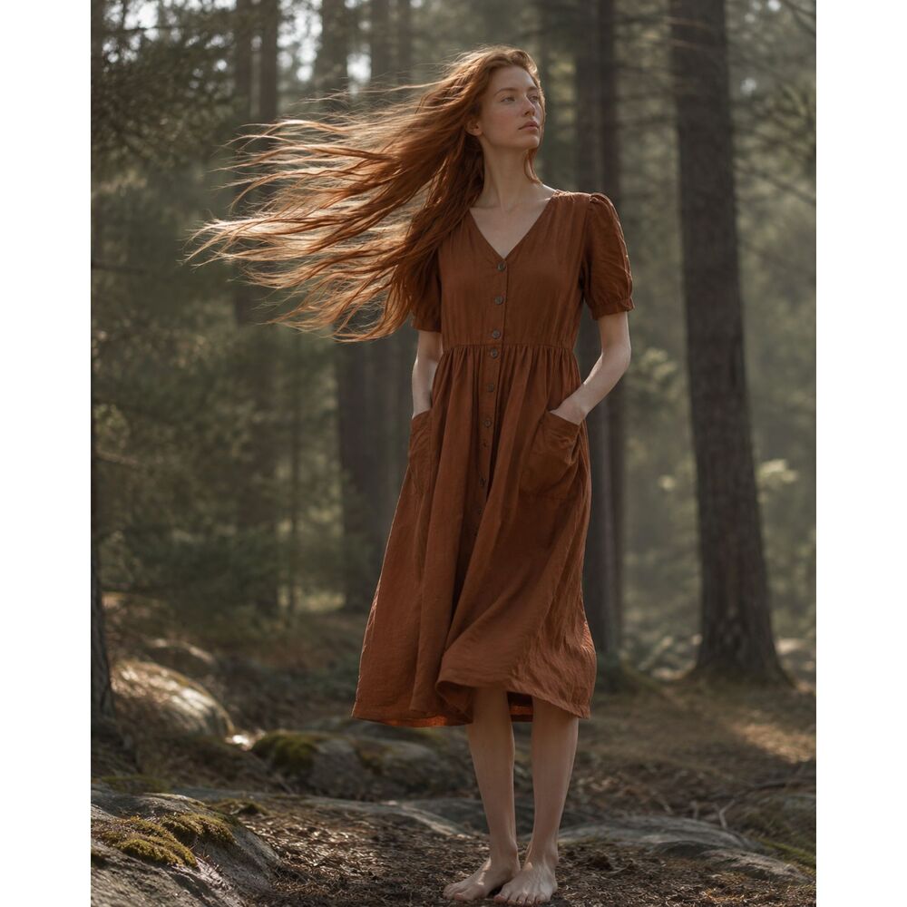 OAK + FORT Brown Linen Cotton Women’s Small Button Front Midi Dress Pockets